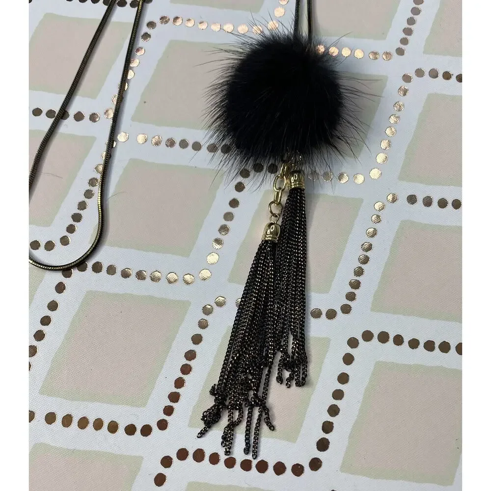 SHIRALEAH New Mink Fur Black Brass Fringe Boho Lulu Statement Necklace NWT
